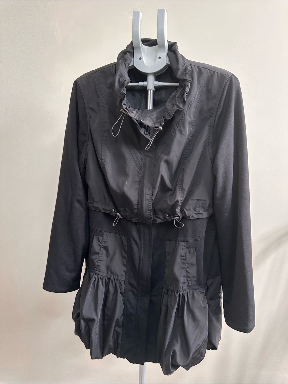Alison Sheri - Black Utility Drawstring Jacket with Ruffle Hem